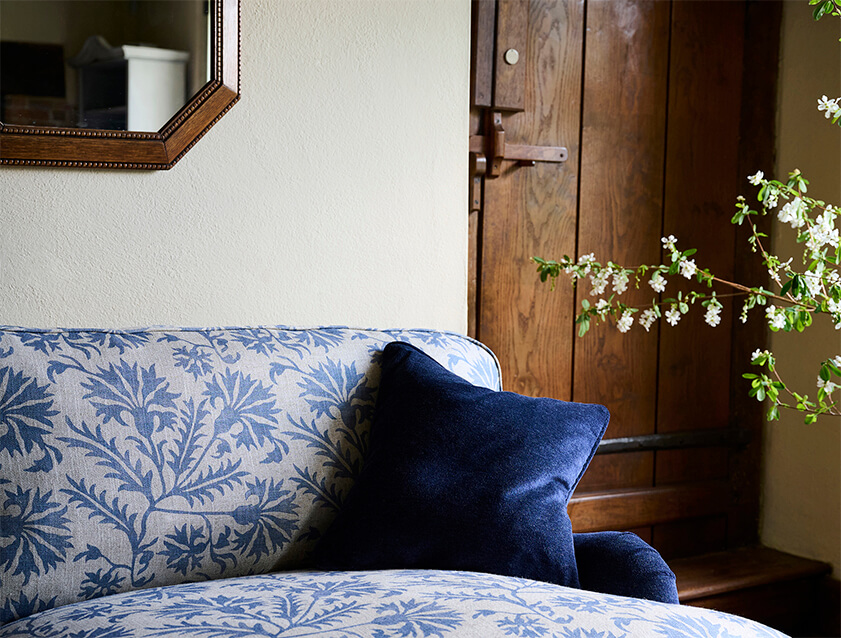 Coates 4 Seater Sofa in Mohair Indigo with Seat and Back Cushions in Gertrude Jekyll Meadow Flower Blue